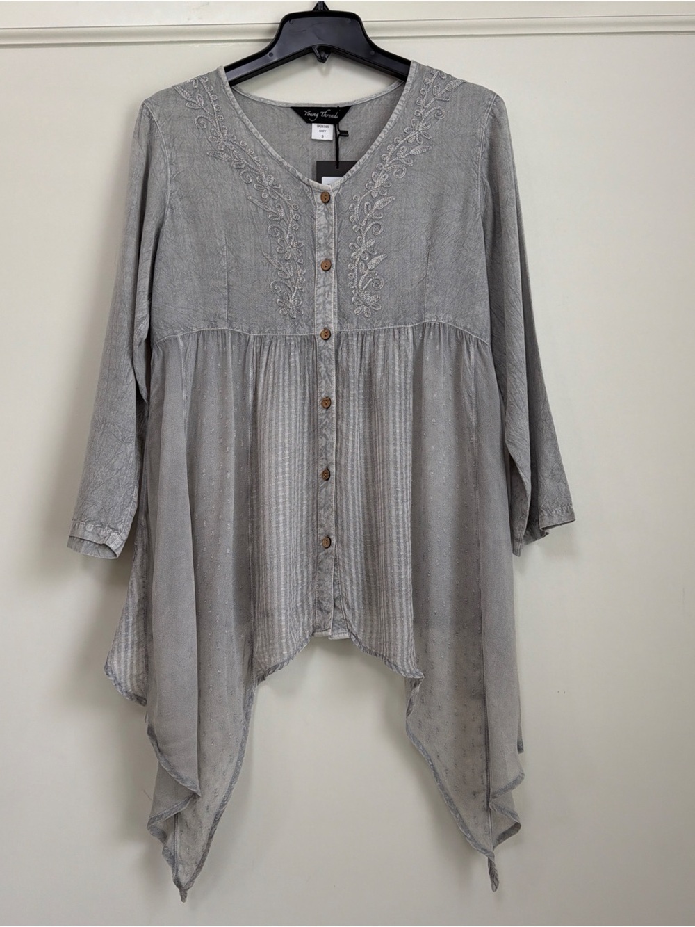 Young Threads Whimsygoth Grey Stonewashed Embroidered Boho Top S NWT